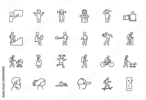 Human activities line icon set. Vector pictograms of presenting, crying, cooking, hiking, cycling, pregnant, child, bearded man, swimmer, skateboarder, and a climbing wall, thin linear illustration.