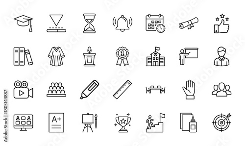 Education line icon set. Vector pictograms of graduation cap, books, diploma, school building, teacher, student, online learning, trophy, calendar, and marker, thin linear illustration.
