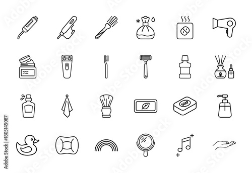 Personal care and beauty line icon set. Vector pictograms of grooming tools, hygiene products, bath accessories, and wellness items, thin linear illustration.