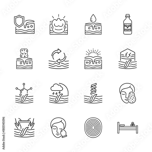 Skincare line icon set. Vector pictograms of skin protection, hydration drop, product bottle, regeneration, facial mask, molecular structure, massage, and spa bed, thin linear illustration.