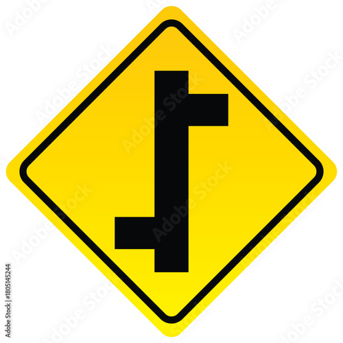 Road sign with side road junctions a yellow diamond warning sign for traffic safety isolated on white