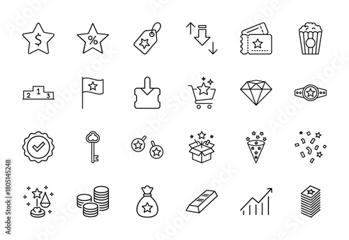 Rewards and loyalty line icon set. Vector pictograms of stars, dollar, percentage, tag, tickets, podium, diamond, belt, key, coins, gold, chart, confetti, gift, thin linear illustration.
