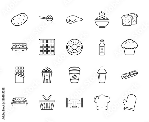 Food and cooking line icon set. Vector pictograms of potato, bread, eggs, donut, chicken, popcorn, coffee, and chef hat, thin linear illustration.