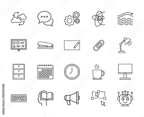 Business and technology line icons. Vector illustrations of cloud sync, communication, gears, presentation, office tools, learning, and robotics.