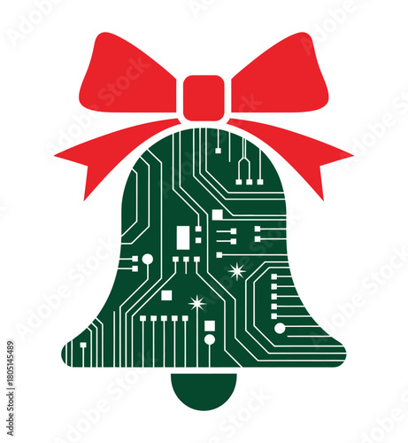 A christmas bell with a circuit board pattern and a red ribbon bow on top