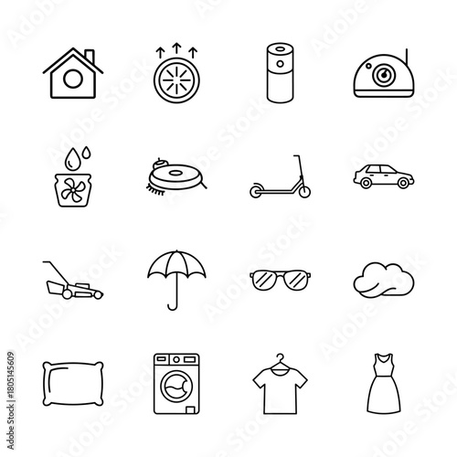 Smart home and lifestyle line icon set. Thin line vector pictograms for house, security, vehicles, outdoor, laundry, and apparel.