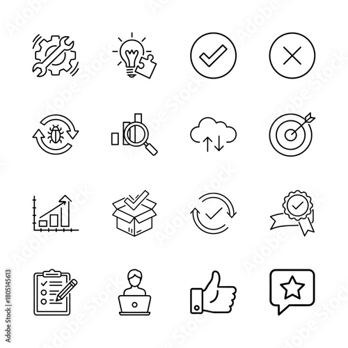 Business and development line icon set for settings, ideas, approvals, bug fixing, data analysis, cloud services, quality, growth, and feedback.