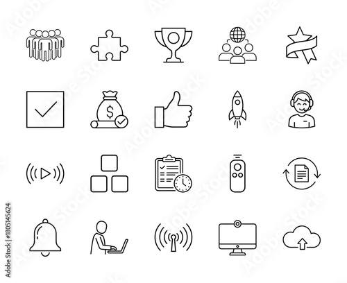 Business and digital universal line icon set. Vector pictograms of team, puzzle, trophy, global network, finance, success, startup, support, tasks, notification, and cloud, thin linear illustration.
