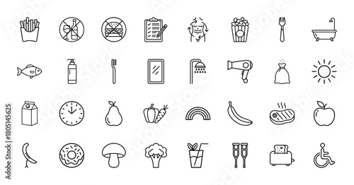 Health, nutrition, and daily routine line icon set. Vector pictograms of diet, hygiene, wellness, and lifestyle objects, thin linear illustration.