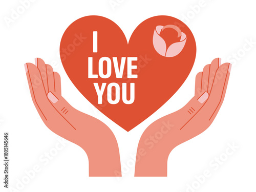 Hands holding a heart with i love you text and a rose illustration