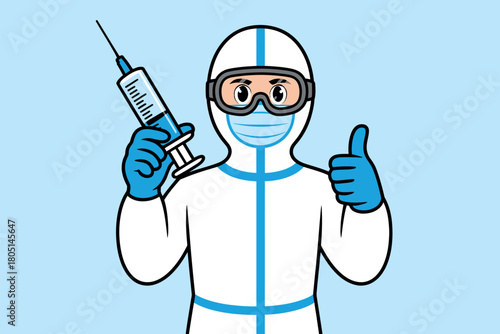 A healthcare worker in protective gear gives a thumbs-up while holding a syringe filled with blue liquid.