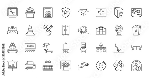 General line icon set. Vector pictograms of phone, calculator, shield, router, cinema, security camera, paw print, and first aid kit, thin linear illustration.