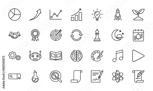 Business, creativity, and technology line icon set. Vector pictograms of charts, lightbulb, rocket, handshake, target, robot, brain, palette, flask, and atom, thin linear illustration.