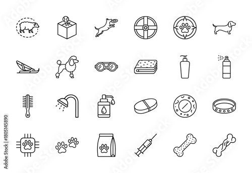 Pet care and grooming line icon set. Vector pictograms of dog, poodle, dachshund, paw prints, collar, shampoo, brush, pet food, medicine, and bones, thin linear illustration.