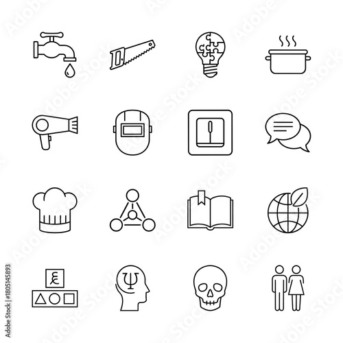 Universal line icon set. Thin linear vector icons of daily objects, tools, science, education, and human elements.