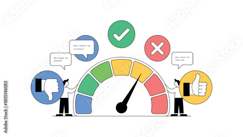 A customer satisfaction meter with positive and negative feedback icons shows fluctuating performance.