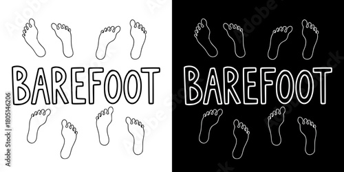 Barefoot feet, isolated vector image, two design options on transparent and black backgrounds, pencil drawing, chalk drawing

