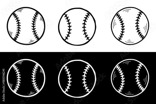 Set of six baseball illustrations, seamless border, isolated vector image, two design options on transparent and black backgrounds, pencil drawing, chalk drawing
