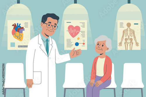 A doctor explains medical information to an elderly patient in a waiting room with anatomical posters.