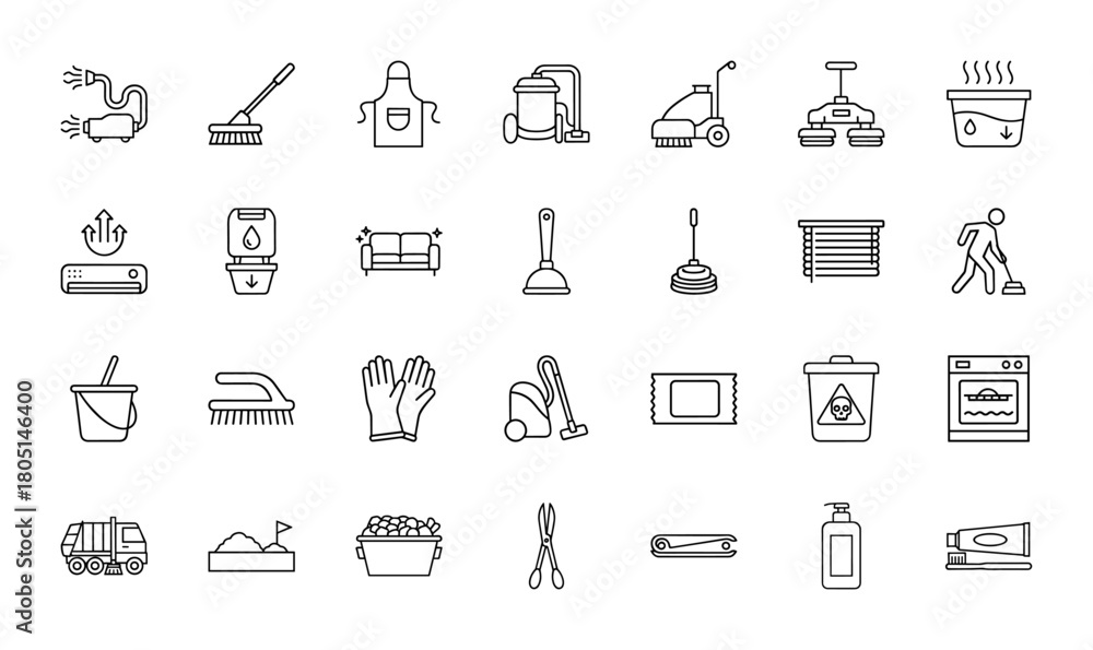 Fototapeta premium Cleaning and sanitation line icon set. Vector pictograms of broom, vacuum cleaner, apron, plunger, cleaning gloves, and trash bin, thin linear illustration.