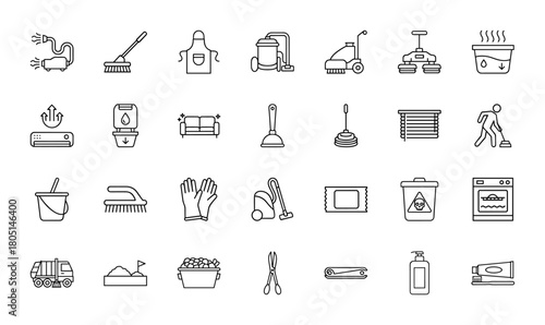 Cleaning and sanitation line icon set. Vector pictograms of broom, vacuum cleaner, apron, plunger, cleaning gloves, and trash bin, thin linear illustration.