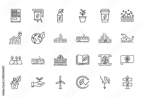 Ecology line icon set. Vector pictograms of green city, electric car, recycle symbol, wind turbine, sustainable energy, and organic products, thin linear illustration.