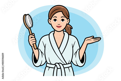 A woman in a robe holds a hairbrush while gesturing to the side with her other hand.
