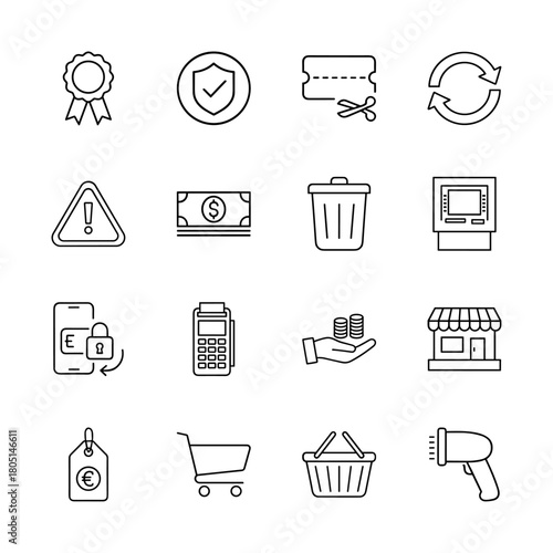 E-commerce, shopping, and payment line icon set. Vector pictograms of security shield, coupon, money, mobile banking, POS terminal, shopping cart, and barcode scanner, thin linear illustration.
