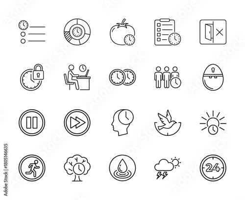 Time management line icon set. Vector pictograms of checklists, pie charts, working people, egg timers, play controls, and a 24-hour clock, thin linear illustration.