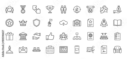 Business success line icon set. Vector pictograms of achievement, communication, finance, documents, data, logistics, technology, and management, thin linear illustration.