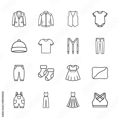 Clothing line icon set. Vector pictograms of blazer, jacket, vest, bodysuit, beanie, t-shirt, suspenders, trousers, socks, dress, overalls, jumpsuit, and crop top, thin linear illustration.