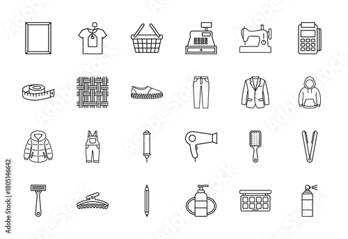 Retail and fashion line icon set. Vector pictograms of t-shirt, shopping basket, sewing machine, trousers, hoodie, hair dryer, makeup palette, thin linear illustration.