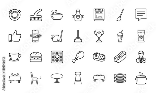 Home, food, and cleaning line icon set. Vector pictograms of plate, brush, dishwasher, burger, hot dog, coffee cup, dining table, chair, cooking pot, thin linear illustration.
