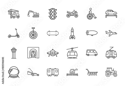 Transportation and vehicles line icon set. Vector pictograms of crane, excavator, traffic light, ATV, wheelchair, airplane, subway, cable car, blimp, tractor, and rocket, thin linear illustration.