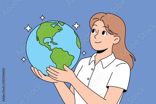 A young woman holds the globe with care and wonder in her hands, surrounded by bright stars.