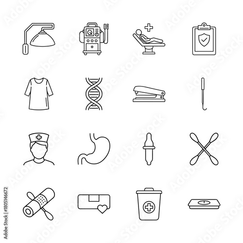 Healthcare and science line icon set. Vector pictograms of hospital lamp, dialysis machine, patient chair, DNA, nurse, stomach, dropper, bandaged arm, waste bin, and scale, thin linear illustration.