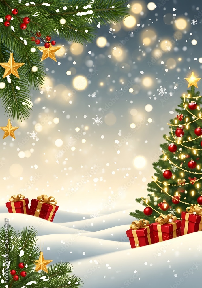 Obraz premium Magical winter wonderland with glowing Christmas tree, snow-covered ground, and festive gifts under a starry, snowy sky