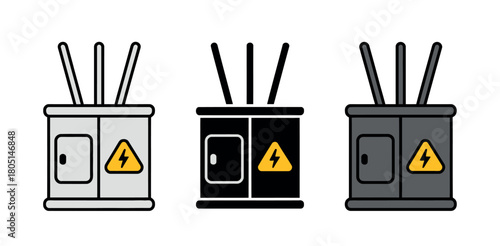 Three electrical transformers are depicted in different colors with warning symbols and antennas.