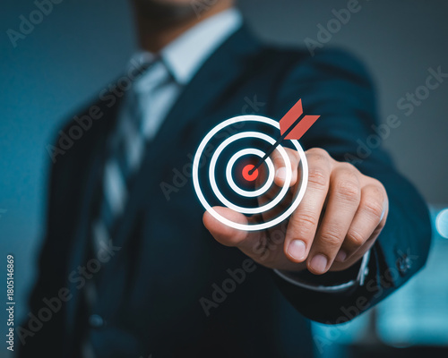 Professional hits marketing target with laser focus, achieving goals and driving success with precision aiming for business growth and prosperity