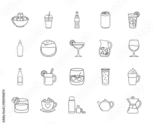 Beverages and drinks line icon set. Vector pictograms of various refreshments, spirits, hot beverages, and related items, thin linear illustration.