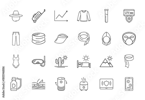 Outdoor protection and wellness line icon set. Vector pictograms of UV shield, hat, luggage, swimsuit, snorkeling mask, skin, vitamin, and humidifier, thin linear illustration.