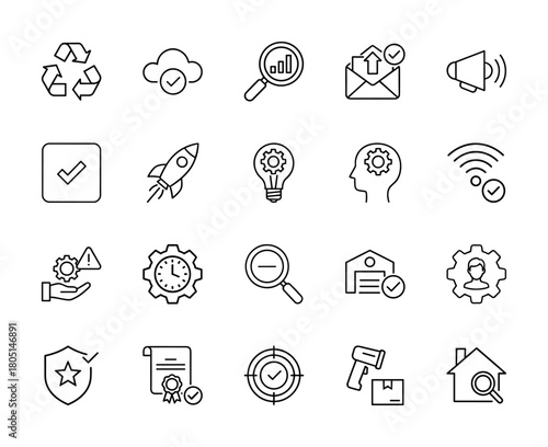 Business and technology line icon set. Vector pictograms of analysis, startup, ideas, processes, security, communication, logistics, verification, thin linear illustration.