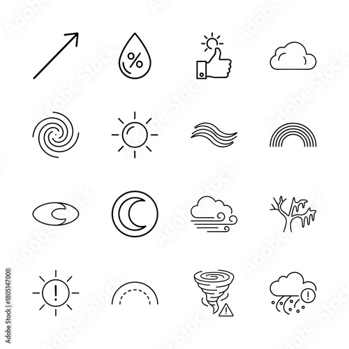 Weather and climate line icon set. Vector pictograms of sun, moon, clouds, wind, rainbow, tornado, hurricane, humidity, snow, and frozen tree, thin linear illustration.
