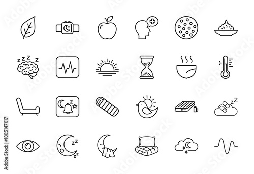 Sleep, wellness, and relaxation line icon set. Vector pictograms of brain, apple, watch, sunrise, moon, bed, pillow, and heart rate, thin linear illustration.