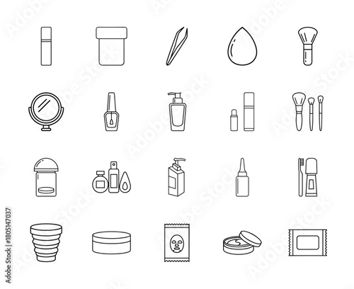 Beauty and personal care line icon set. Vector pictograms of makeup, skincare, brushes, mirror, tweezers, nail polish, lotions, creams, and face masks, thin linear illustration.