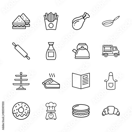 Food and kitchen line icon set. Vector pictograms of sandwich, fries, chicken, rolling pin, kettle, food truck, pie, donut, macaron, croissant, thin linear illustration.