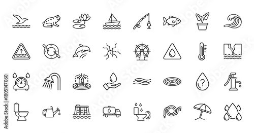 Water and ecology line icon set. Vector pictograms of bird, frog, lotus, sailboat, fish, plant, wave, shower, fountain, hand pump, toilet, and dam, thin linear illustration.