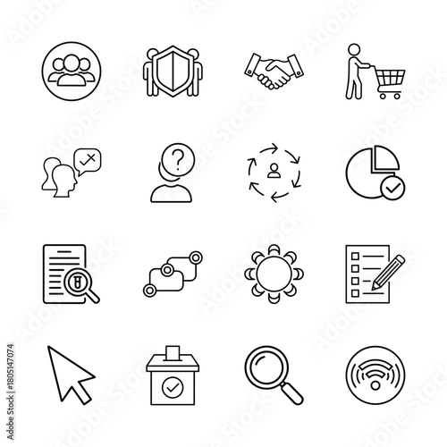 Business management and communication vector line icon set. Thin linear pictograms of team, security, agreement, commerce, analytics, process, and connectivity.