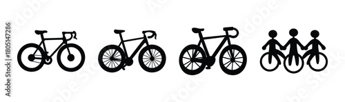 Bicycle and unicycle icons, group of people riding together