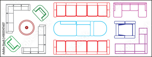 A technical vector illustration showcasing a variety of architectural floor plan symbols for sofas, sectional couches, chaises, and armchairs in different colorful outlines (red, blue, green) etc.